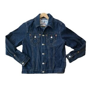 True Religion Denim Jean‎ Jacket Blue Trucker Distressed Size XL